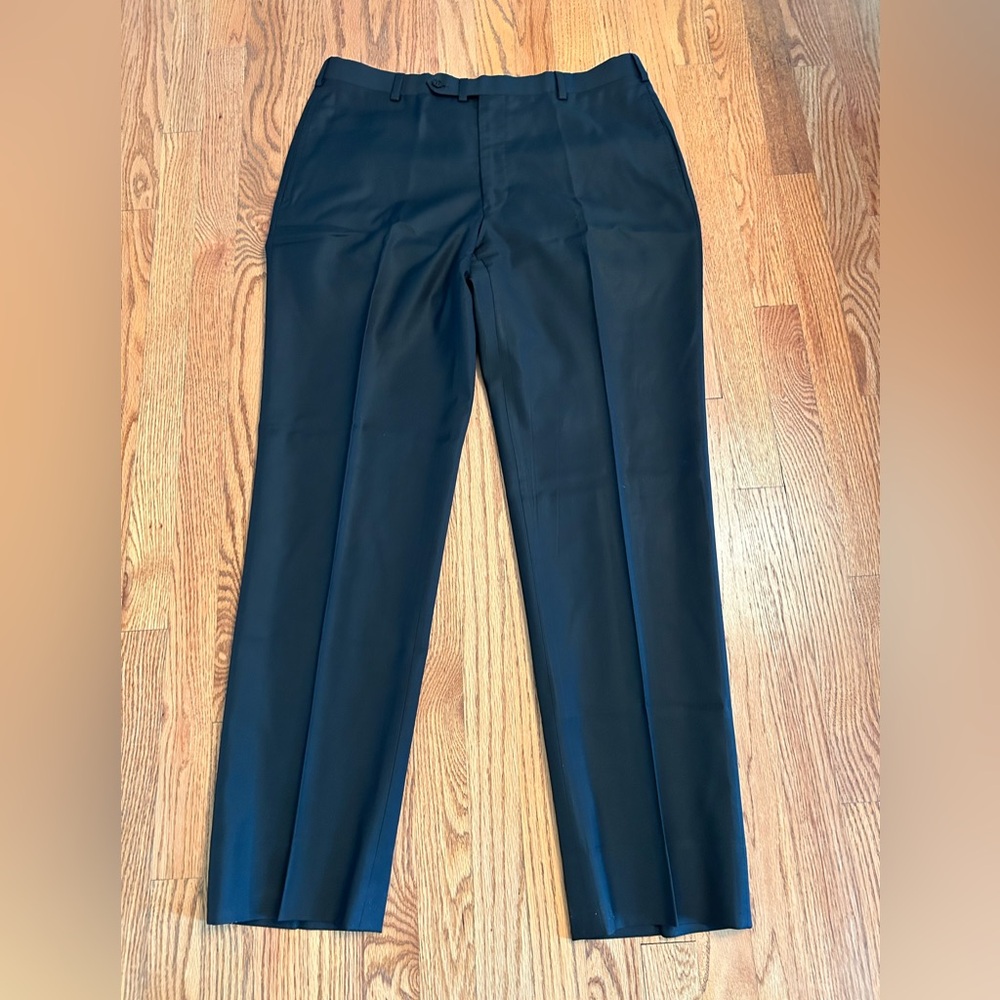 Oxxford Clothes Highest Quality Black Flannel Wool Flat Front Dress Pants 36 X33